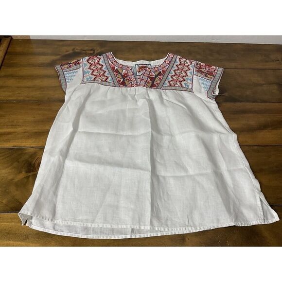 Johnny Was Ezra White Linen Embroidered V-Neck Boho Top Blouse Size S - Picture 1 of 8